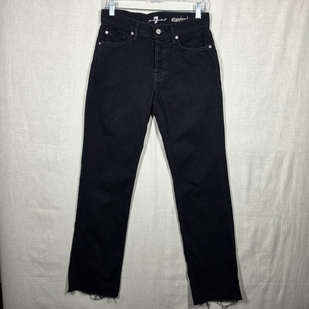 7 For All Mankind Standard Jeans Womens 28 Black Straight Leg Raw Hem Stretch